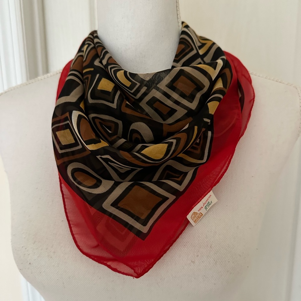 Vtg Italian Square Scarf with Multi-colored Geometric and Red Edging - Picture 2 of 14